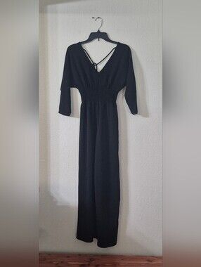 BeBop Black V-Neck Long Jumpsuit with Smocked Waist and Back Strap